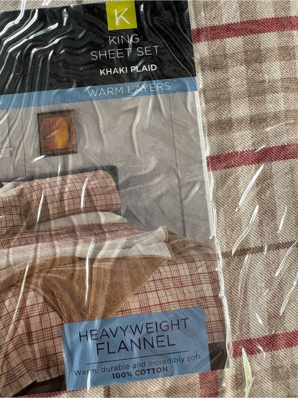 Cuddl Duds Khaki Plaid Sheet Set with Red Windowpane